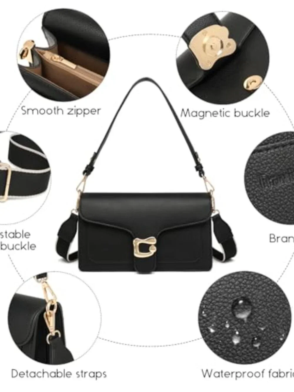 Small Crossbody Bag with 2 Detachable Straps - Vegan Leather